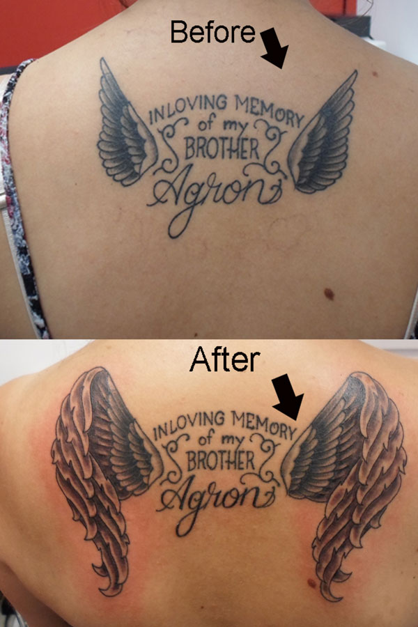 Before and after comparison of a memorial back tattoo — thin outlined angel wings on top, rebuilt underneath as large fully shaded black and grey wings