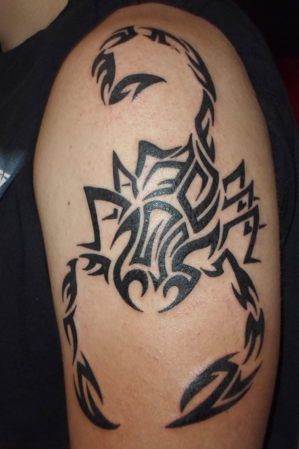 Solid black tribal scorpion tattoo wrapping the upper arm, with sharp tapered claws and a curled tail