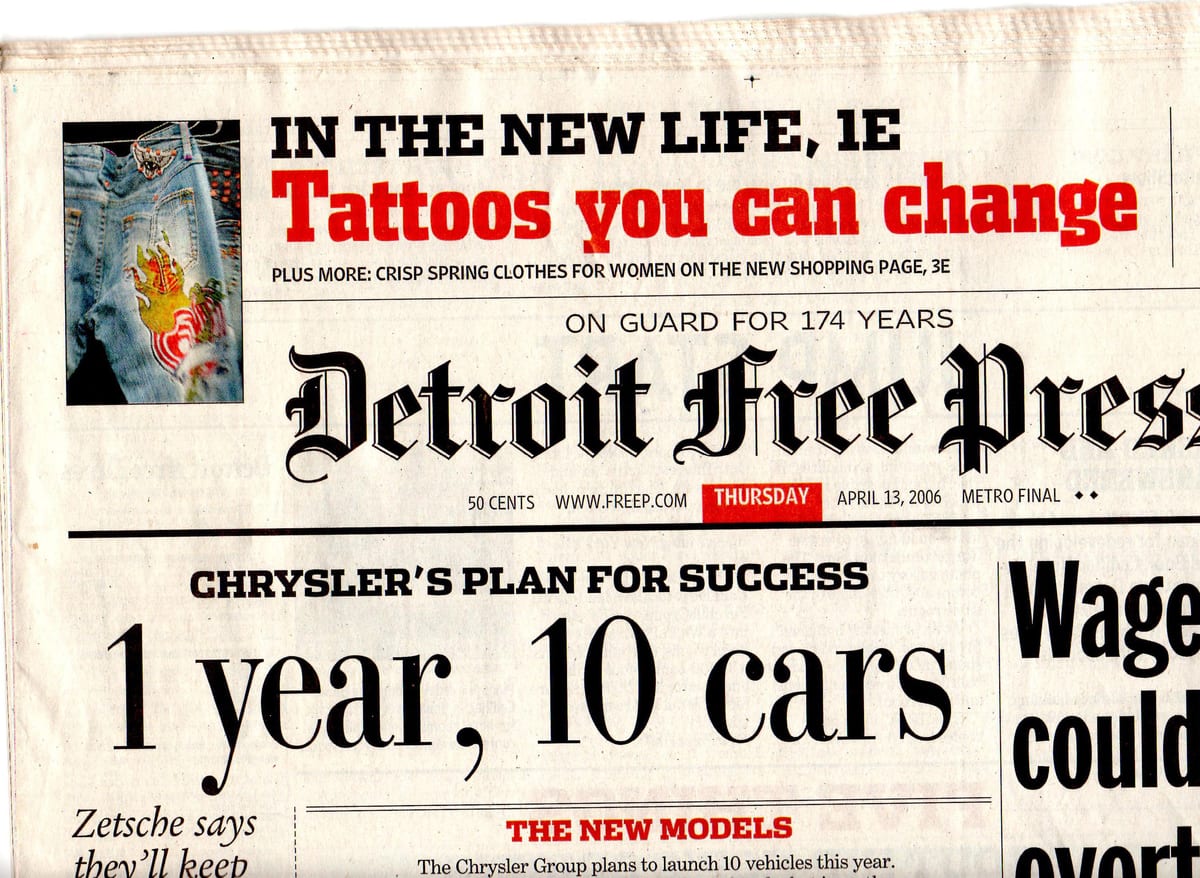 Front page of the Detroit Free Press dated Thursday, April 13, 2006, with the headline Tattoos you can change above the fold