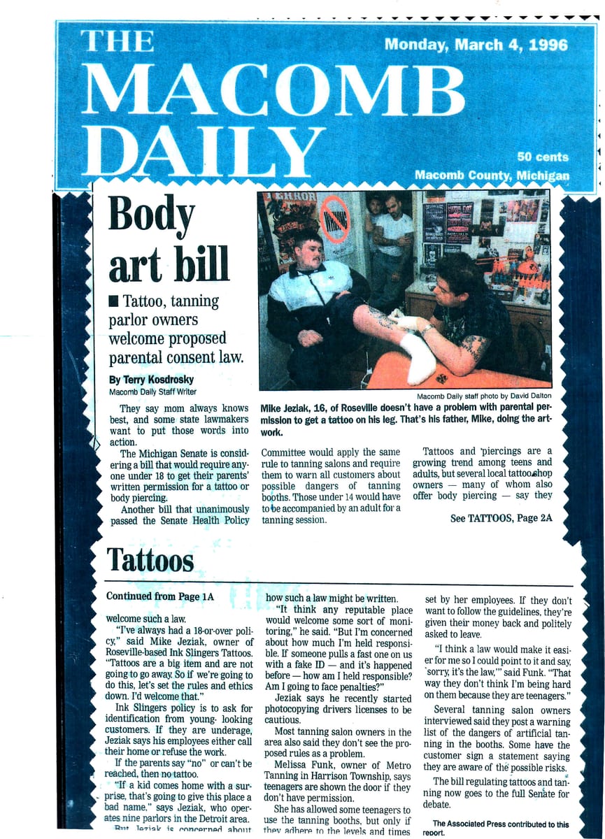 Front page of The Macomb Daily dated Monday, March 4, 1996, with the headline Body art bill above an article on tattoo and tanning regulation